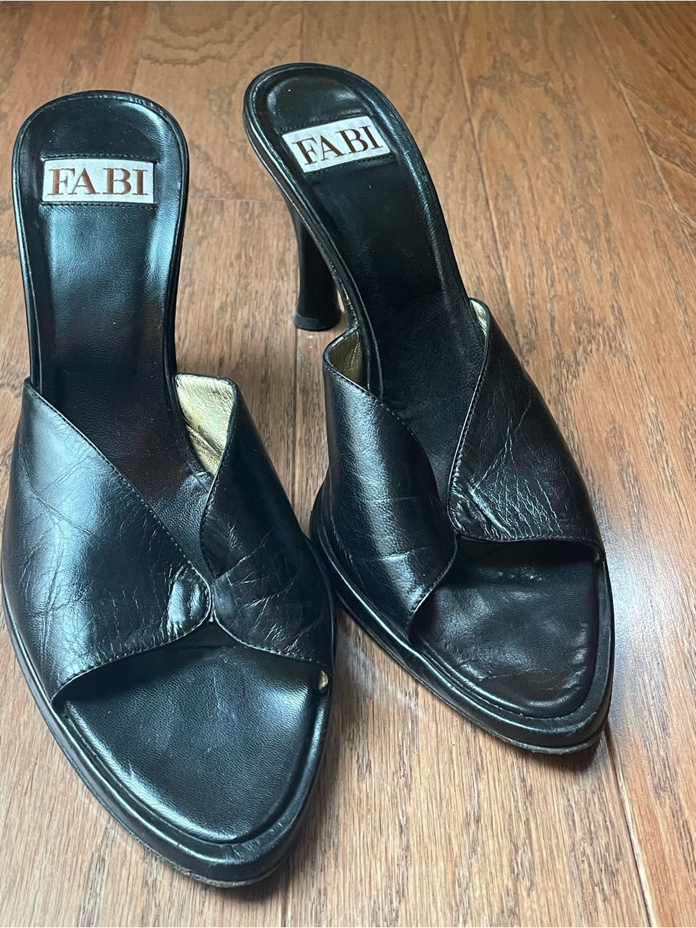 Fabi Black Leather Open-Toe Mule Heels